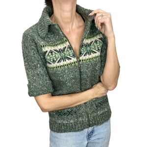 Woolrich green wool blend short sleeve fair isle zip up sweater S